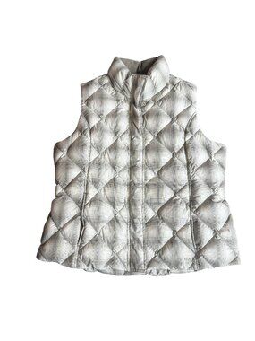 Eddie Bauer Ivory Grey Plaid Quilted Puffer Down Vest Snap Zip X-Large Women's